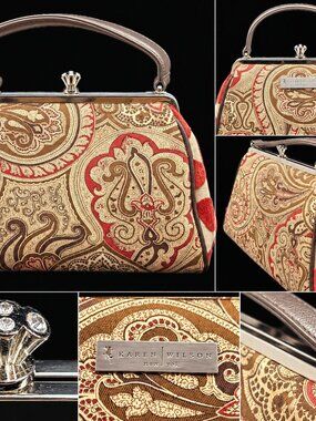 Karen Wilson Paisley Hand Bag in Rust Red, Tan and Chestnut Brown Fabric
